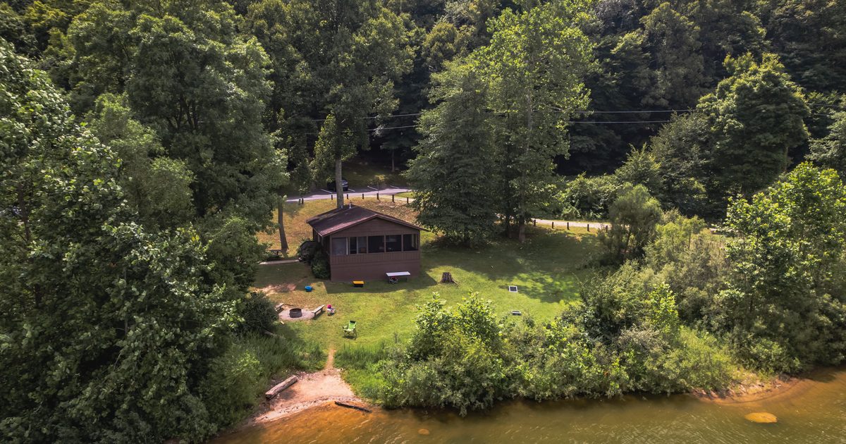 A small brown cabin sits on a grassy clearing beside a lake, surrounded by dense green trees. A fire pit, picnic table, and scattered items are near the cabin, while a road and fence are visible behind the clearing.