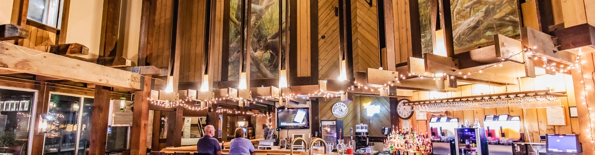 A cozy, rustic bar with wooden beams, high ceilings, and large animal-themed murals. Two people sit at the bar, which is lined with string lights, drink machines, and bar stools. Empty tables and chairs fill the foreground.