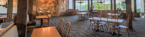 A spacious, rustic restaurant interior with wooden beams, stone walls, large windows with a scenic view, wooden tables and chairs, and warm hanging lights. A person stands near the windows looking outside.