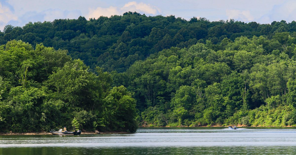 A calm lake surrounded by dense, green forest. Two small boats float on the water near the shoreline, with a backdrop of tree-covered hills under a partly cloudy sky.