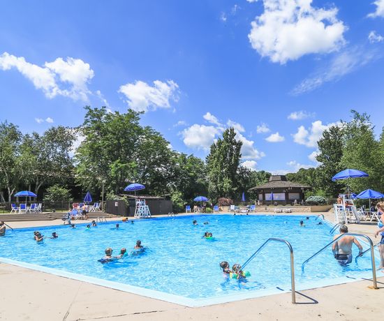 People swim and relax in a large outdoor pool on a sunny day. Several blue umbrellas and lounge chairs are around the pool. Trees and buildings are visible in the background under a blue sky with clouds.