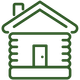 Simple green outline illustration of a log cabin with a chimney, a door in the center, and visible horizontal logs on the walls.