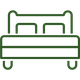 Simple green line drawing of a double bed with two pillows, viewed from the front, on a light background.