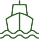 Green line drawing of a ship viewed from the front, sailing on wavy water, on a light gray background.