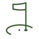 Simple green line drawing of a golf flagstick and flag in a hole, with a golf ball nearby, set against a light gray background.