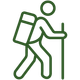 A simple green line drawing of a person hiking, carrying a backpack and holding a walking stick.