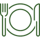 A simple green line drawing of a plate with a fork on the left and a knife on the right, symbolizing dining or a meal.